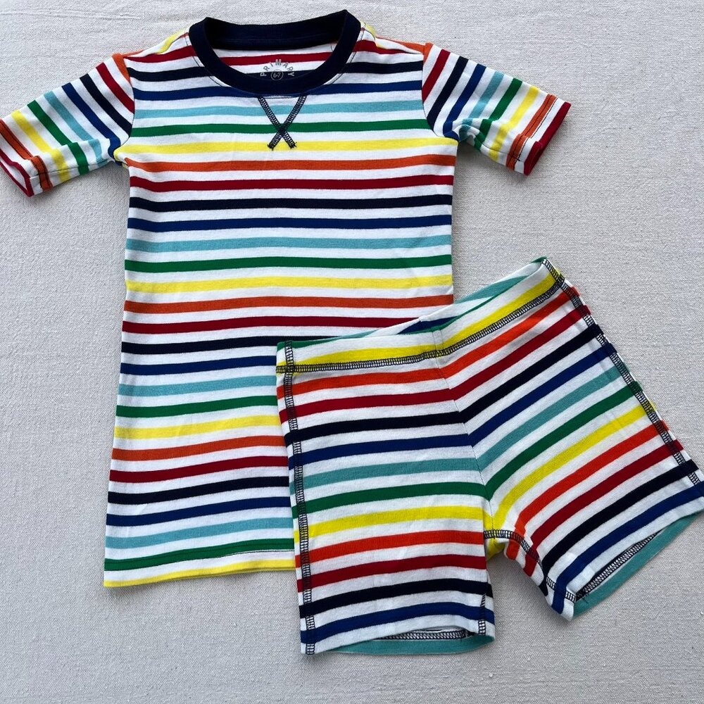 Primary Organic Short-Sleeve PJ Top & Shorts, Rainbow & Ivory, Size 6-7, VGUC